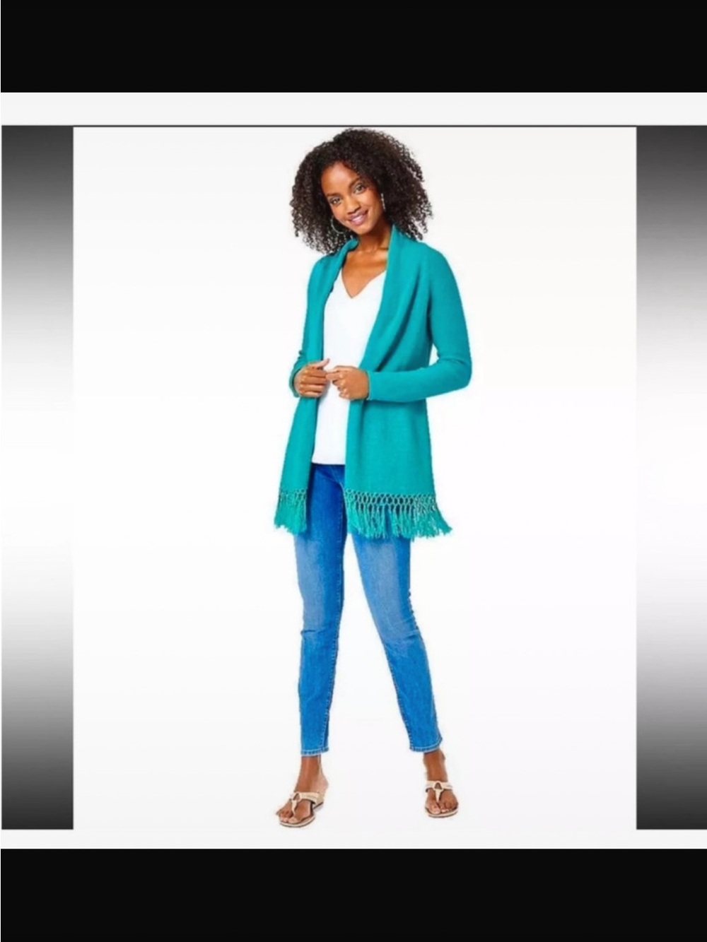 Lilly Pulitzer Teal Open-Front Fringe Hem Cardigan